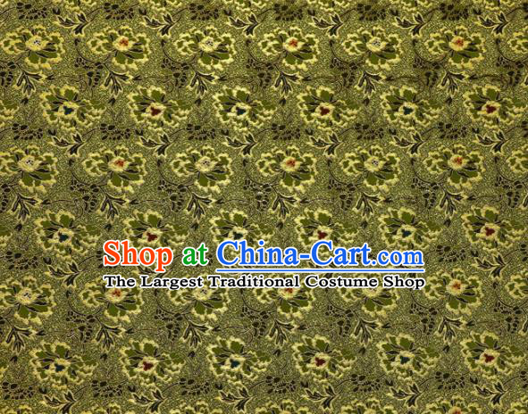 Japanese Traditional Kimono Classical Pine Peony Pattern Olive Green Brocade Damask Asian Japan Nishijin Satin Drapery Silk Fabric