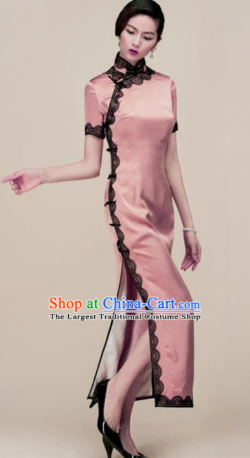 Chinese Traditional Customized Pink Silk Cheongsam National Costume Classical Qipao Dress for Women
