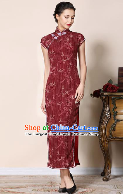 Chinese Traditional Customized Wine Red Cheongsam National Costume Classical Qipao Dress for Women