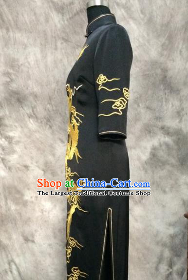 Chinese Traditional Customized Printing Dragon Black Silk Cheongsam National Costume Classical Qipao Dress for Women