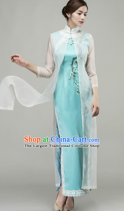 Chinese Traditional Customized Blue Silk Cheongsam National Costume Classical Qipao Dress for Women