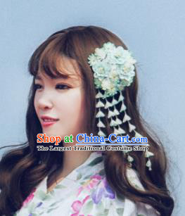Asian Japan Geisha Green Flowers Tassel Hairpins Japanese Traditional Hair Accessories for Women