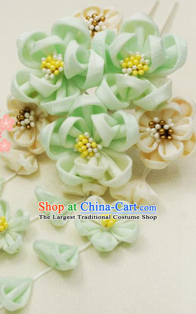 Asian Japan Traditional Geisha Green Flowers Tassel Hairpins Japanese Kimono Hair Accessories for Women