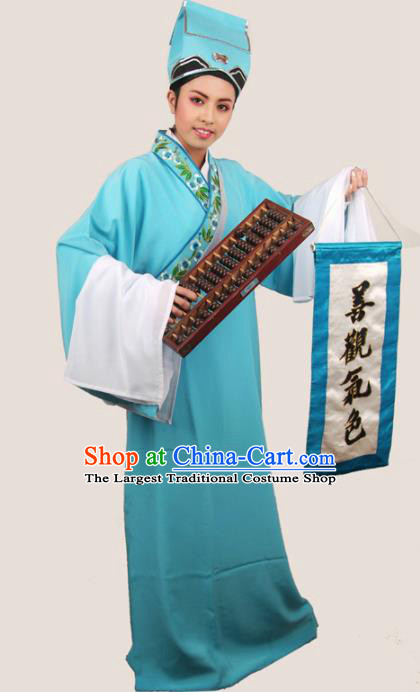 Traditional Chinese Huangmei Opera Niche Costumes Ancient Scholar Blue Robe for Men