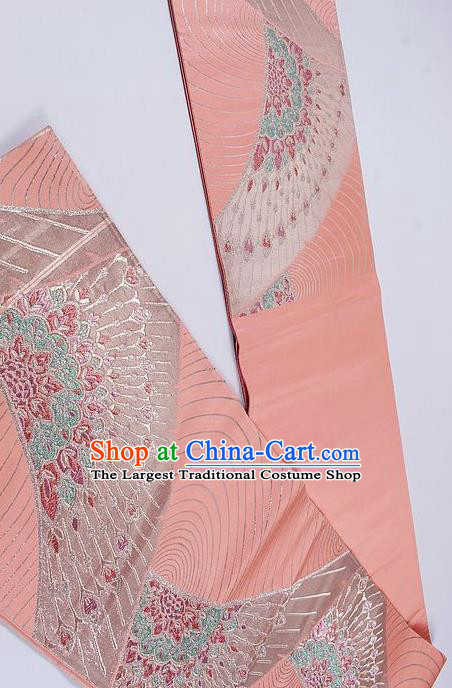 Traditional Japanese Classical Peony Fan Pattern Pink Waistband Kimono Brocade Accessories Yukata Belt for Women