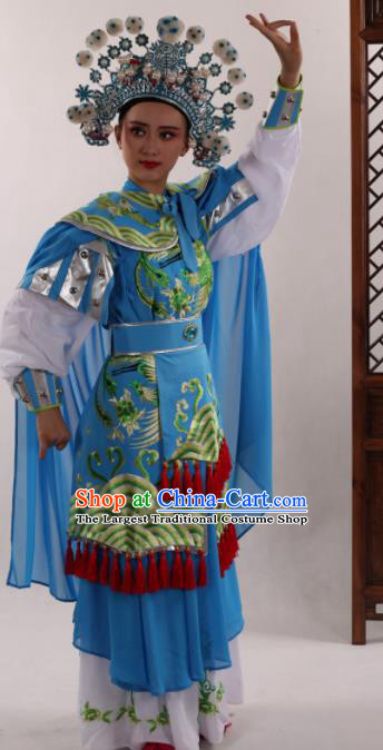Traditional Chinese Peking Opera Magic Warriors Blue Dress Ancient Female General Mu Guiying Costume for Women