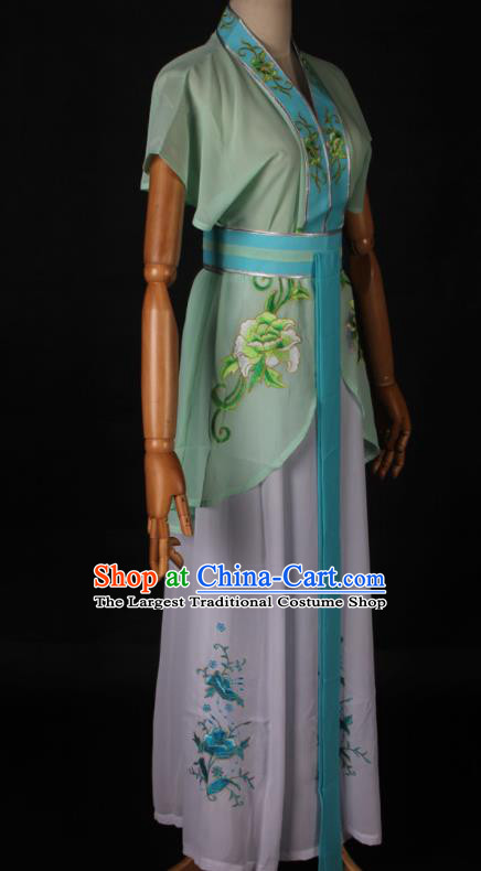 Traditional Chinese Shaoxing Opera Maidservant Light Green Dress Ancient Peking Opera Poor Lady Costume for Women