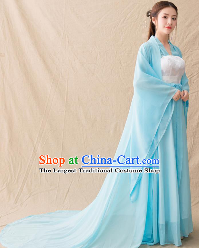 Chinese Ancient Drama Goddess Princess Blue Hanfu Dress Traditional Han Dynasty Imperial Consort Replica Costumes for Women