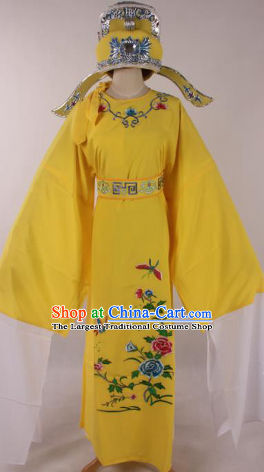 Traditional Chinese Shaoxing Opera Niche Embroidered Peony Yellow Robe Ancient Nobility Childe Costume for Men