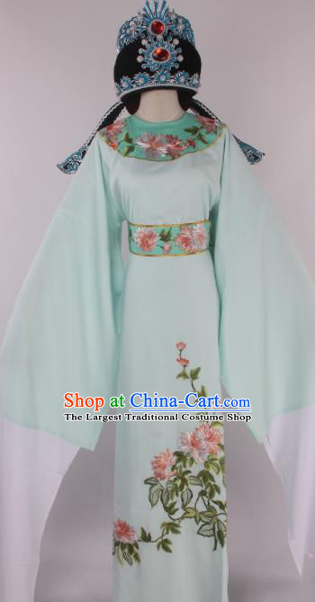 Traditional Chinese Shaoxing Opera Gifted Scholar Light Green Robe Ancient Childe Costume and Hat for Men