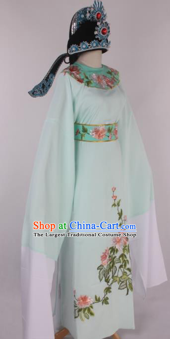 Traditional Chinese Shaoxing Opera Gifted Scholar Light Green Robe Ancient Childe Costume and Hat for Men