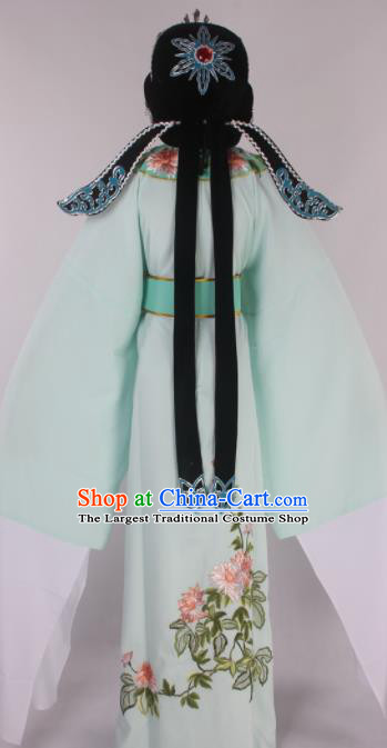 Traditional Chinese Shaoxing Opera Gifted Scholar Light Green Robe Ancient Childe Costume and Hat for Men