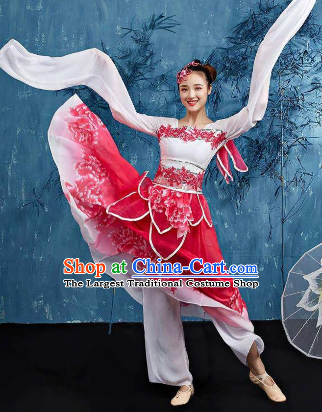 Traditional Chinese Classical Dance Cai Wei Costume Group Dance Water Sleeve Dance Red Dress for Women
