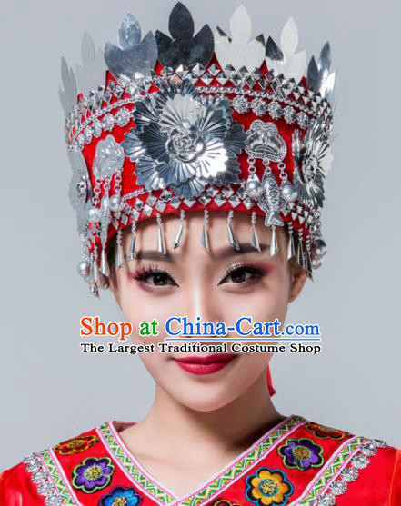Traditional Chinese Miao Nationality Red Hat Ethnic Folk Dance Headwear for Women