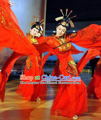 Chinese Beautiful Dance Xi Shi Water Sleeve Red Costume Traditional Umbrella Dance Classical Dance Competition Dress for Women