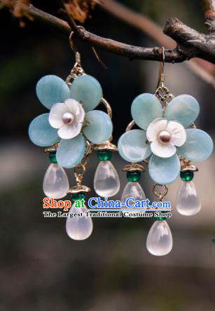Chinese Ancient Princess Blue Flower Ear Accessories Traditional Hanfu Earrings for Women