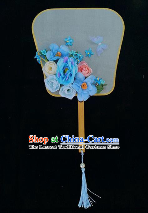 Chinese Ancient Princess Wedding Blue Flowers Palace Fans Traditional Hanfu Round Fan for Women