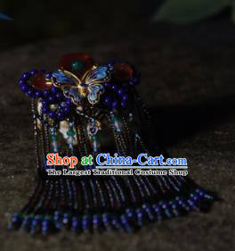 Chinese Ancient Princess Hair Accessories Blue Beads Butterfly Tassel Hair Claw Traditional Hanfu Hairpins for Women