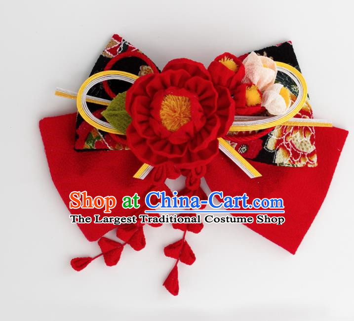 Japanese Geisha Kimono Red Camellia Bowknot Hair Claw Hairpins Traditional Yamato Hair Accessories for Women