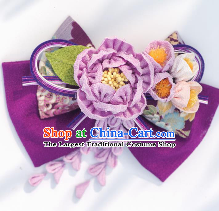 Japanese Geisha Kimono Purple Camellia Bowknot Hair Claw Hairpins Traditional Yamato Hair Accessories for Women