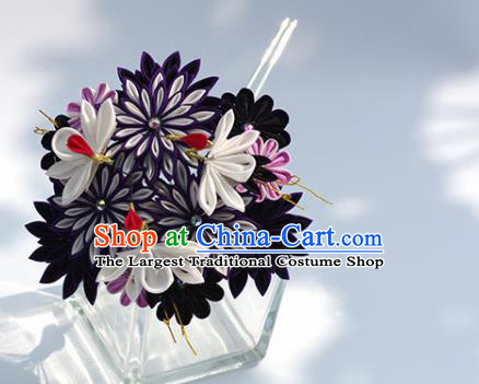 Japanese Geisha Kimono Purple Chrysanthemum Crane Hairpins Traditional Yamato Hair Accessories for Women