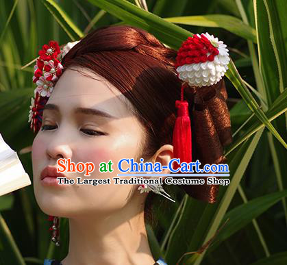 Japanese Geisha Kimono Red Hydrangea Tassel Hairpins Traditional Yamato Hair Accessories for Women