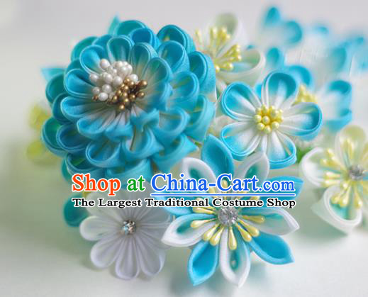 Japanese Geisha Kimono Blue Peony Tassel Hair Comb Hairpins Traditional Yamato Hair Accessories for Women