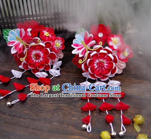 Japanese Geisha Kimono Red Peony Butterfly Tassel Hairpins Traditional Yamato Hair Accessories for Women