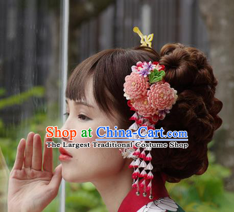Japanese Geisha Kimono Pink Peony Tassel Hairpins Traditional Yamato Hair Accessories for Women