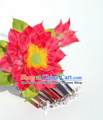 Japanese Geisha Kimono Red Lotus Tassel Hairpins Traditional Yamato Hair Accessories for Women