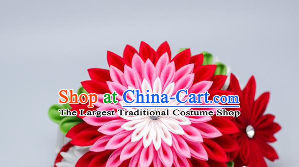 Japanese Geisha Kimono Red Chrysanthemum Hair Comb Hairpins Traditional Yamato Hair Accessories for Women