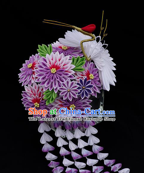 Japanese Geisha Kimono Purple Wisteria Crane Tassel Hairpins Traditional Yamato Hair Accessories for Women