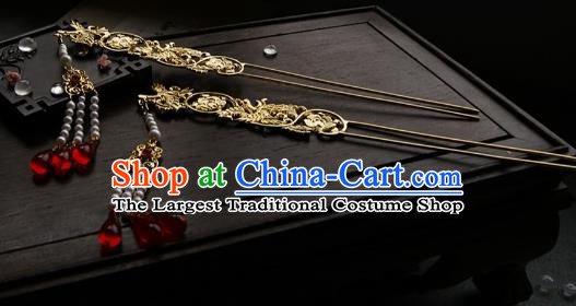 Chinese Ancient Ming Dynasty Golden Crane Tassel Hairpins Step Shake Traditional Hanfu Hair Accessories for Women