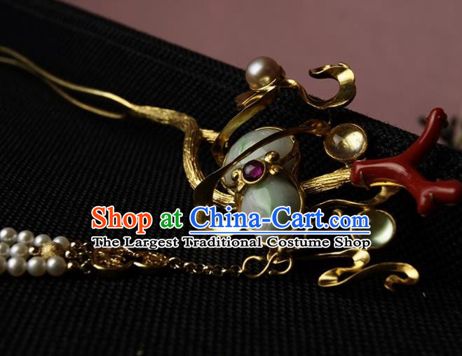 Chinese Ancient Ming Dynasty Jade Cucurbit Tassel Hairpins Hair Clip Traditional Hanfu Hair Accessories for Women