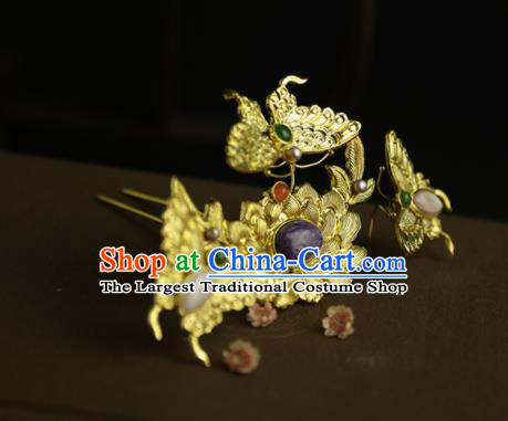 Chinese Ancient Queen Golden Butterfly Lotus Hairpins Traditional Hanfu Hair Clip Hair Accessories for Women