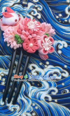 Japanese Geisha Courtesan Kimono Pink Chrysanthemum Rabbit Hairpins Traditional Yamato Hair Accessories for Women