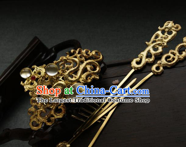 Chinese Ancient Tang Dynasty Queen Hair Comb Golden Hairpins Traditional Hanfu Hair Accessories for Women