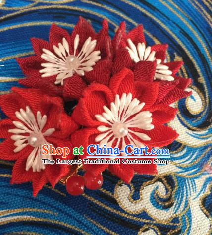 Japanese Geisha Courtesan Kimono Red Sakura Tassel Hair Claw Hairpins Traditional Yamato Hair Accessories for Women
