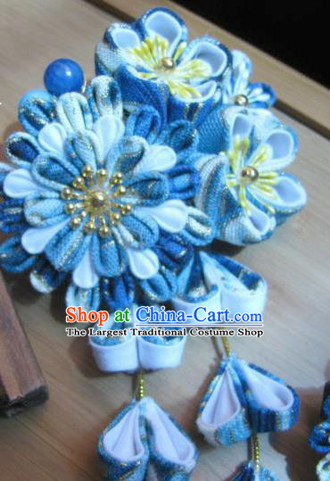 Japanese Geisha Courtesan Blue Sakura Tassel Hair Claw Hairpins Traditional Yamato Kimono Hair Accessories for Women