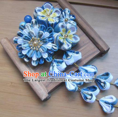 Japanese Geisha Courtesan Blue Sakura Tassel Hair Claw Hairpins Traditional Yamato Kimono Hair Accessories for Women