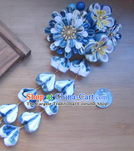 Japanese Geisha Courtesan Blue Sakura Tassel Hair Claw Hairpins Traditional Yamato Kimono Hair Accessories for Women