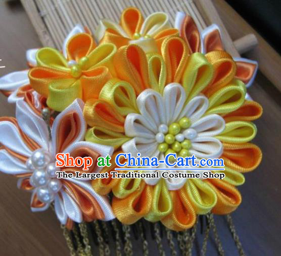 Japanese Geisha Courtesan Yellow Chrysanthemum Hair Comb Traditional Yamato Kimono Hair Accessories for Women