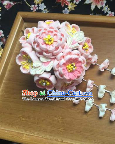 Japanese Geisha Courtesan Kimono Pink Sakura Tassel Hairpins Traditional Yamato Hair Accessories for Women