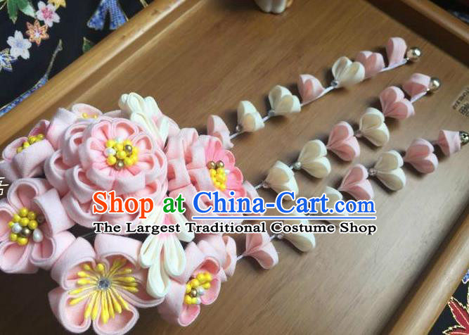 Japanese Geisha Courtesan Kimono Pink Sakura Tassel Hairpins Traditional Yamato Hair Accessories for Women