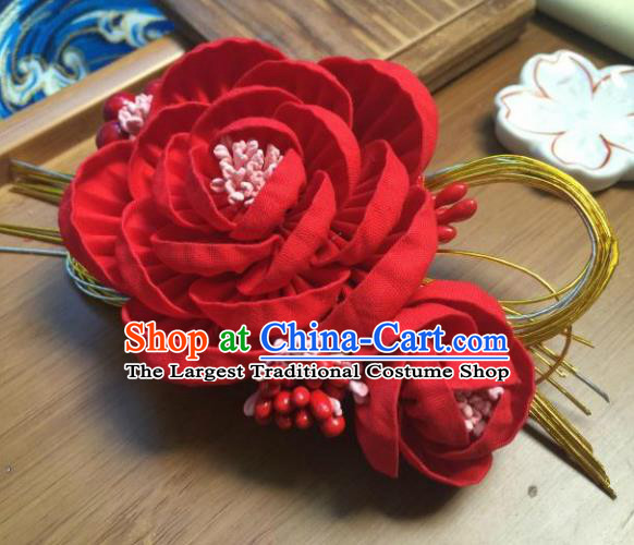 Japanese Geisha Courtesan Kimono Red Camellia Hairpins Traditional Yamato Hair Accessories for Women