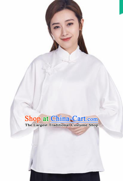 Chinese Traditional Martial Arts White Slant Opening Blouse Tai Chi Competition Shirt Costume for Women