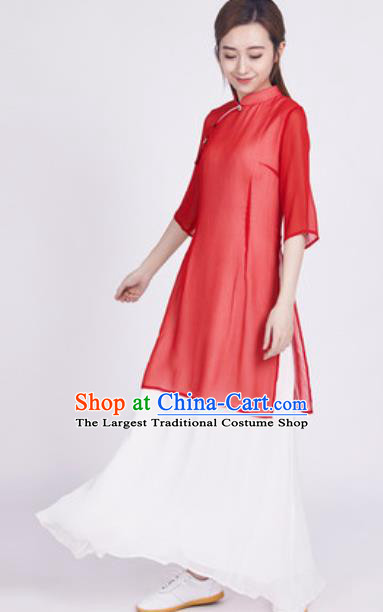 Chinese Traditional Tang Suit Martial Arts Red Slant Opening Blouse Tai Chi Competition Costume for Women