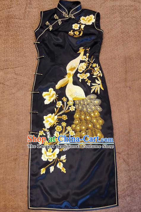 Chinese Traditional Tang Suit Embroidered Peacock Peony Black Cheongsam National Costume Qipao Dress for Women