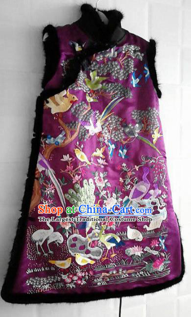 Chinese Traditional Tang Suit Embroidered Purple Vest National Costume Qipao Shirt for Women