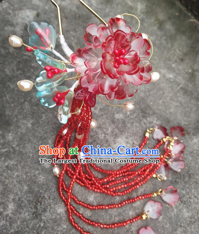 Chinese Ancient Hanfu Red Peony Tassel Hairpins Traditional Handmade Hair Accessories for Women